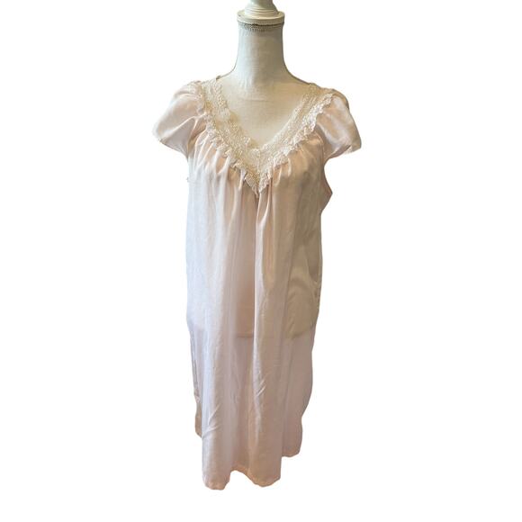 Vintage 60s 70s Pink Lace Trim Cap Sleeve Midi Nightgown - Picture 1 of 5